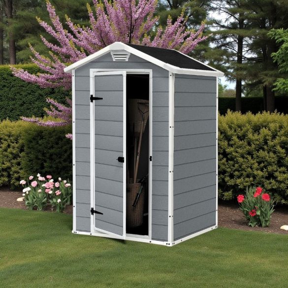 Kerti ház, Keter Manor 4 x 3, 128 x 94 x 196 cm, szürke/fehér, UV-, víz- és hóálló, szellőzőpaneles, zárható, fémmel megerősített
