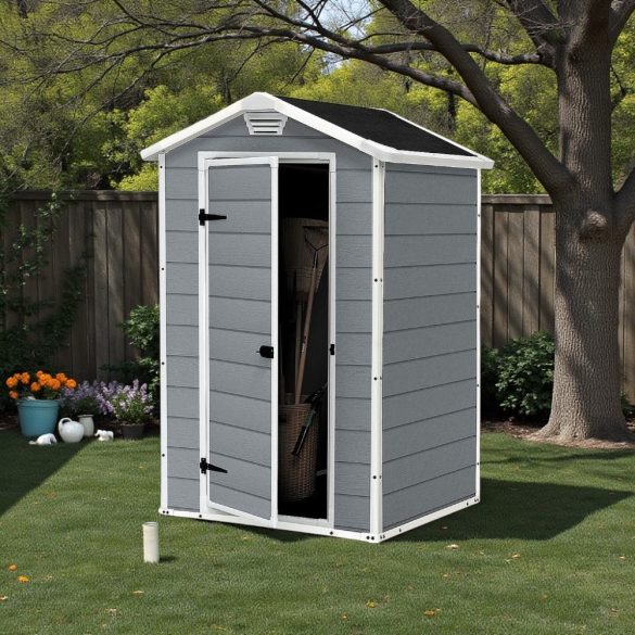 Kerti ház, Keter Manor 4 x 3, 128 x 94 x 196 cm, szürke/fehér, UV-, víz- és hóálló, szellőzőpaneles, zárható, fémmel megerősített