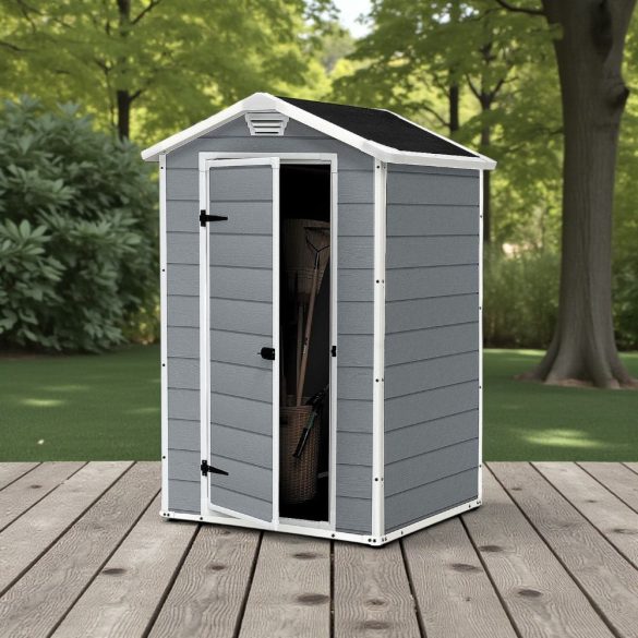 Kerti ház, Keter Manor 4 x 3, 128 x 94 x 196 cm, szürke/fehér, UV-, víz- és hóálló, szellőzőpaneles, zárható, fémmel megerősített