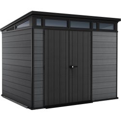   Kerti ház, Keter Cortina 9x7, 279 x 218 x 226 cm, szürke, időjárásálló műanyag falpanel, dupla ajtó, felső ablakok, beépített szellőzők