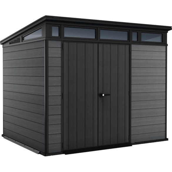 Kerti ház, Keter Cortina 9x7, 279 x 218 x 226 cm, szürke, időjárásálló műanyag falpanel, dupla ajtó, felső ablakok, beépített szellőzők