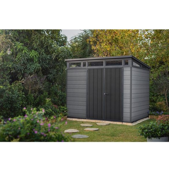 Kerti ház, Keter Cortina 9x7, 279 x 218 x 226 cm, szürke, időjárásálló műanyag falpanel, dupla ajtó, felső ablakok, beépített szellőzők