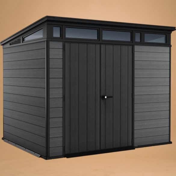 Kerti ház, Keter Cortina 9x7, 279 x 218 x 226 cm, szürke, időjárásálló műanyag falpanel, dupla ajtó, felső ablakok, beépített szellőzők