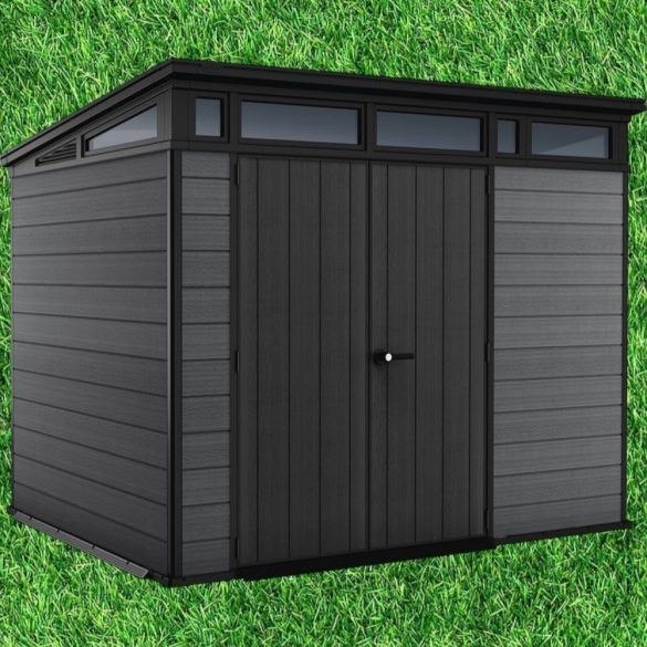 Kerti ház, Keter Cortina 9x7, 279 x 218 x 226 cm, szürke, időjárásálló műanyag falpanel, dupla ajtó, felső ablakok, beépített szellőzők