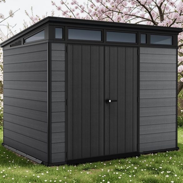 Kerti ház, Keter Cortina 9x7, 279 x 218 x 226 cm, szürke, időjárásálló műanyag falpanel, dupla ajtó, felső ablakok, beépített szellőzők