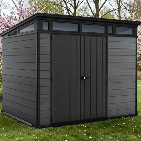 Kerti ház, Keter Cortina 9x7, 279 x 218 x 226 cm, szürke, időjárásálló műanyag falpanel, dupla ajtó, felső ablakok, beépített szellőzők