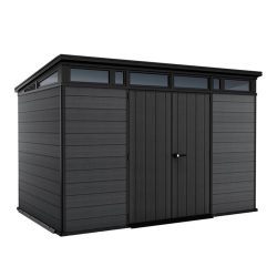   Kerti ház, Keter Cortina 11 x 7, 342 x 218 x 226 cm, szürke, időjárásálló műanyag falpanel, dupla ajtó, felső ablakok, beépített szellőzők