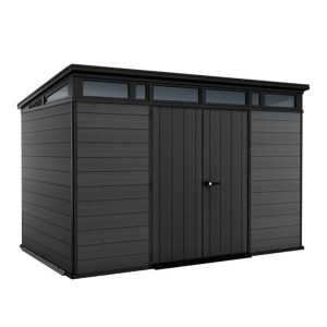 Kerti ház, Keter Cortina 11 x 7, 342 x 218 x 226 cm, szürke, időjárásálló műanyag falpanel, dupla ajtó, felső ablakok, beépített szellőzők