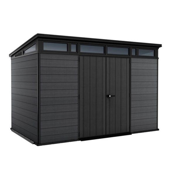 Kerti ház, Keter Cortina 11 x 7, 342 x 218 x 226 cm, szürke, időjárásálló műanyag falpanel, dupla ajtó, felső ablakok, beépített szellőzők