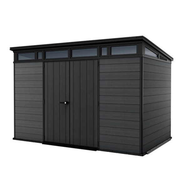 Kerti ház, Keter Cortina 11 x 7, 342 x 218 x 226 cm, szürke, időjárásálló műanyag falpanel, dupla ajtó, felső ablakok, beépített szellőzők