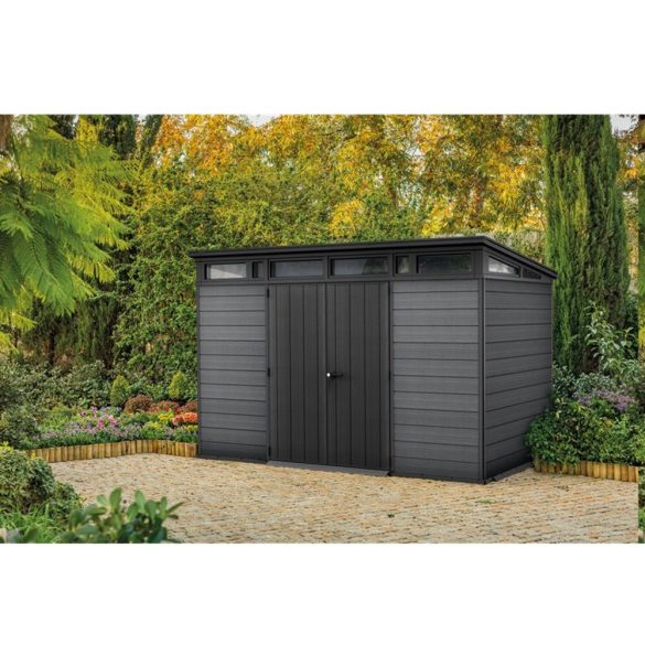 Kerti ház, Keter Cortina 11 x 7, 342 x 218 x 226 cm, szürke, időjárásálló műanyag falpanel, dupla ajtó, felső ablakok, beépített szellőzők