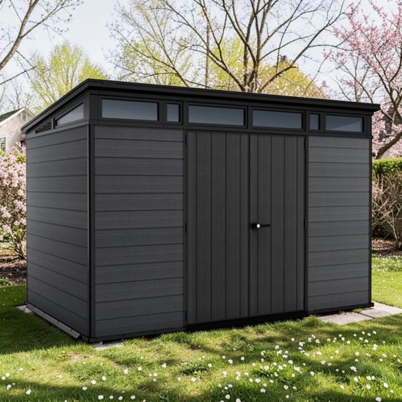 Kerti ház, Keter Cortina 11 x 7, 342 x 218 x 226 cm, szürke, időjárásálló műanyag falpanel, dupla ajtó, felső ablakok, beépített szellőzők