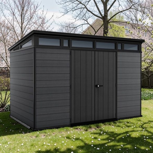 Kerti ház, Keter Cortina 11 x 7, 342 x 218 x 226 cm, szürke, időjárásálló műanyag falpanel, dupla ajtó, felső ablakok, beépített szellőzők