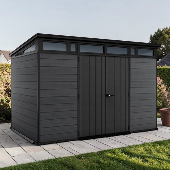 Kerti ház, Keter Cortina 11 x 7, 342 x 218 x 226 cm, szürke, időjárásálló műanyag falpanel, dupla ajtó, felső ablakok, beépített szellőzők