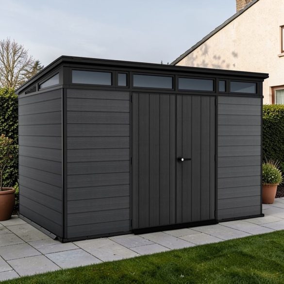 Kerti ház, Keter Cortina 11 x 7, 342 x 218 x 226 cm, szürke, időjárásálló műanyag falpanel, dupla ajtó, felső ablakok, beépített szellőzők