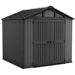   Kerti ház, Keter Stronghold 8 x 8, 254 × 228,6 × 220 cm, szürke, időjárásálló műanyag falpanel, dupla ajtó, felső ablakok