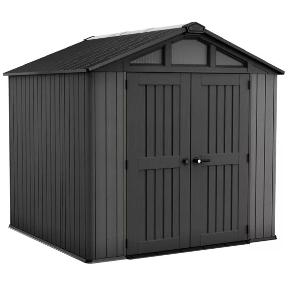 Kerti ház, Keter Stronghold 8 x 8, 254 × 228,6 × 220 cm, szürke, időjárásálló műanyag falpanel, dupla ajtó, felső ablakok