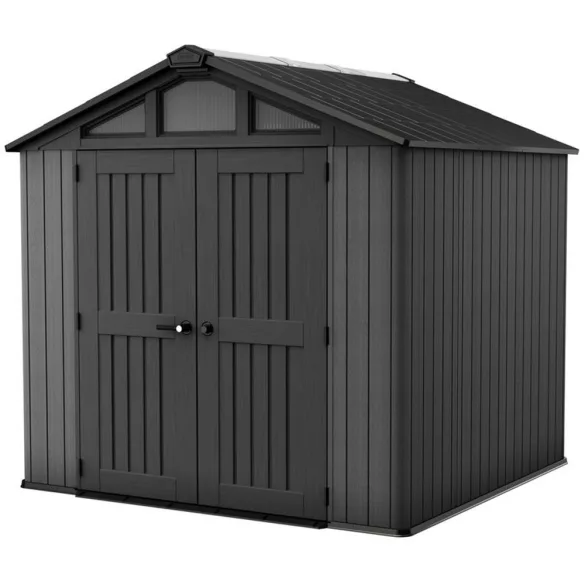Kerti ház, Keter Stronghold 8 x 8, 254 × 228,6 × 220 cm, szürke, időjárásálló műanyag falpanel, dupla ajtó, felső ablakok