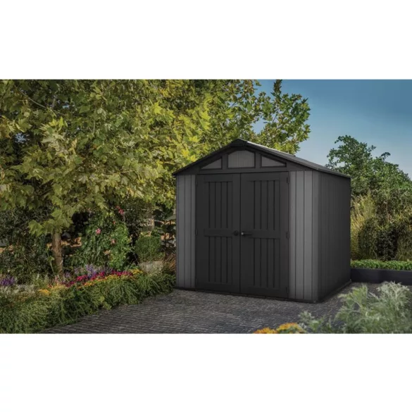Kerti ház, Keter Stronghold 8 x 8, 254 × 228,6 × 220 cm, szürke, időjárásálló műanyag falpanel, dupla ajtó, felső ablakok