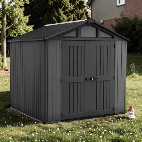 Kerti ház, Keter Stronghold 8 x 8, 254 × 228,6 × 220 cm, szürke, időjárásálló műanyag falpanel, dupla ajtó, felső ablakok