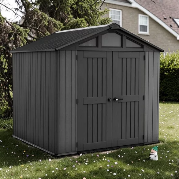 Kerti ház, Keter Stronghold 8 x 8, 254 × 228,6 × 220 cm, szürke, időjárásálló műanyag falpanel, dupla ajtó, felső ablakok