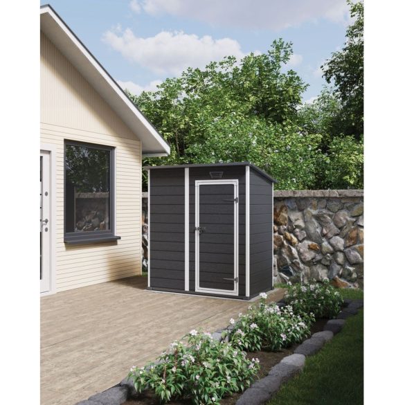 Kerti ház, Keter Essential 6 x 4, 112 × 184 × 195 cm, sötétszürke, időjárásálló műanyag falpanel, egyszárnyú ajtó, panelhatású dizájn