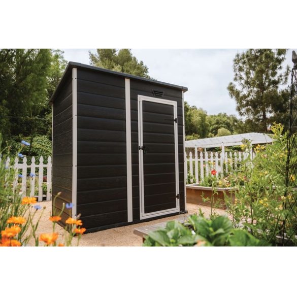 Kerti ház, Keter Essential 6 x 4, 112 × 184 × 195 cm, sötétszürke, időjárásálló műanyag falpanel, egyszárnyú ajtó, panelhatású dizájn