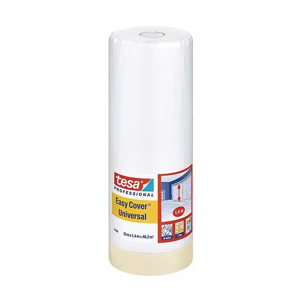 Festőszalag és takarófólia, Tesa Pro Easy Cover Universal, átlátszó, 140 cm x 33 m, ragasztószalaggal, HDPE fólia, padlóra, bútorokra, falakra