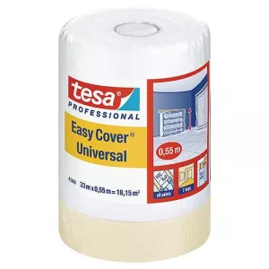 Festőszalag és takarófólia, Tesa Pro Easy Cover Universal, átlátszó, 55 cm x 33 m, ragasztószalaggal, HDPE fólia, padlóra, bútorokra, falakra