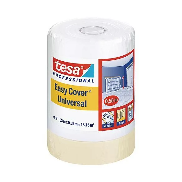 Festőszalag és takarófólia, Tesa Pro Easy Cover Universal, átlátszó, 55 cm x 33 m, ragasztószalaggal, HDPE fólia, padlóra, bútorokra, falakra
