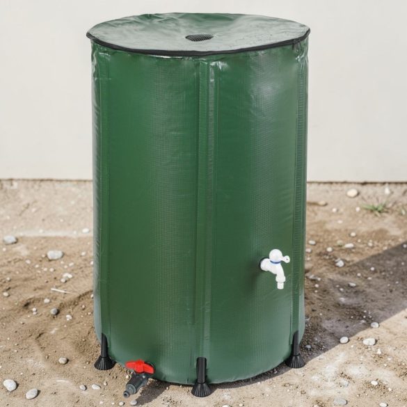 Esővízgyűjtő hordó, Strend Pro Garden CRB25, zöld, 250 l, kör alakú, összecsukható, két csappal, erősített PVC, cipzáras tető szűrőhálóval, magasság: 88 cm, átmérő: 60 cm