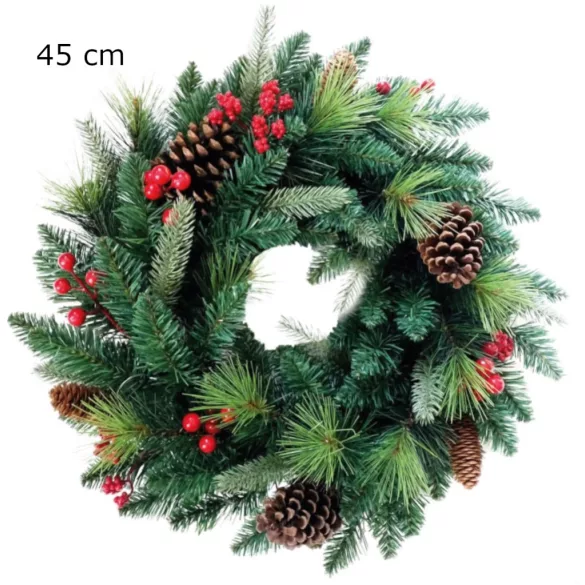 MagicHome karácsonyi koszorú, Berry, natúr, fenyőágakkal és tobozokkal, 45 cm