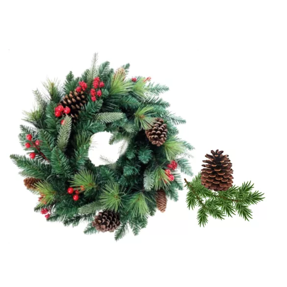 MagicHome karácsonyi koszorú, Berry, natúr, fenyőágakkal és tobozokkal, 45 cm