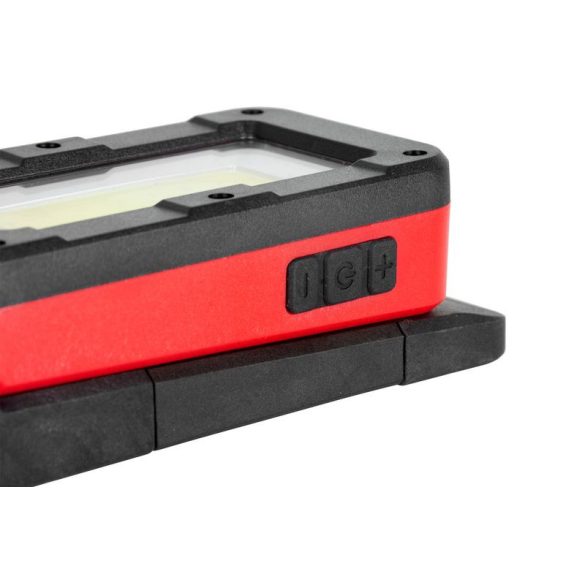 Munkalámpa, Strend Pro MWL539, fekete/piros, 12,5 × 5,5 × 3,8 cm, COB LED 100 + 250 lm, 2200 mAh, USB töltés, akkumulátoros, 4 üzemmód