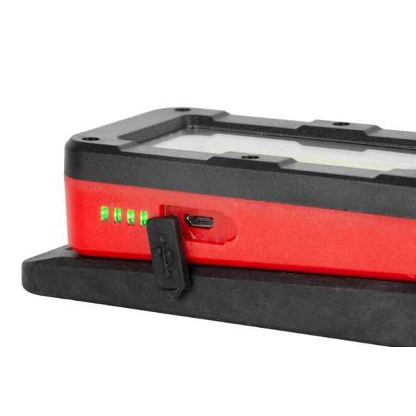 Munkalámpa, Strend Pro MWL539, fekete/piros, 12,5 × 5,5 × 3,8 cm, COB LED 100 + 250 lm, 2200 mAh, USB töltés, akkumulátoros, 4 üzemmód