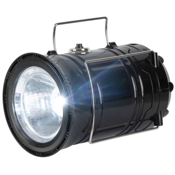 Kempinglámpa, Strend Pro Camping CL102, fekete, 9,3 × 16,5 cm, LED, 80 lm, 1200 mAh, lánghatás, akkumulátoros, szolár töltés, USB kimenet