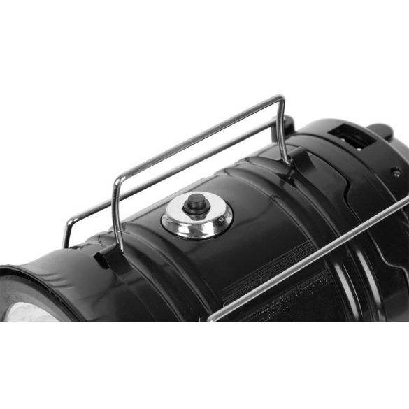 Kempinglámpa, Strend Pro Camping CL102, fekete, 9,3 × 16,5 cm, LED, 80 lm, 1200 mAh, lánghatás, akkumulátoros, szolár töltés, USB kimenet