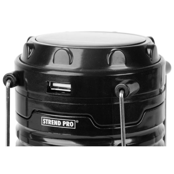 Kempinglámpa, Strend Pro Camping CL102, fekete, 9,3 × 16,5 cm, LED, 80 lm, 1200 mAh, lánghatás, akkumulátoros, szolár töltés, USB kimenet