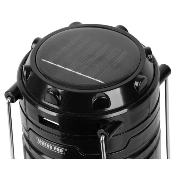 Kempinglámpa, Strend Pro Camping CL102, fekete, 9,3 × 16,5 cm, LED, 80 lm, 1200 mAh, lánghatás, akkumulátoros, szolár töltés, USB kimenet