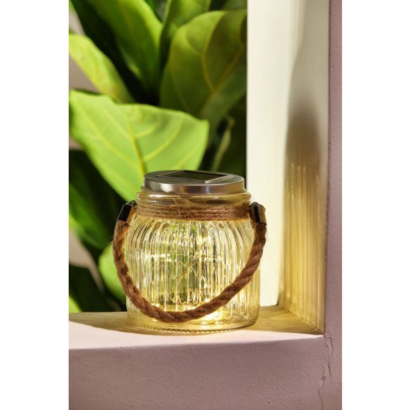 Függeszték napelemes lámpa, Strend Pro Garden, 11 x 12 cm, 20 mikroLED, melegfehér fény, üveg, láncos, akkumulátoros