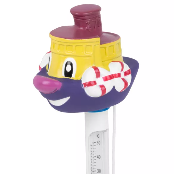 Medence hőmérő, Strend Pro, sárga/lila, Hajó figurával, úszó, Celsius és Fahrenheit skála, rögzítő szalaggal, pontos mérés