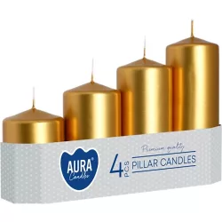   Gyertya szett, MagicHome Aura, 4 db, arany metál, átmérő: 5 cm, magasság: 4,8 / 7 / 9 / 11 cm, henger alakú, lépcsőzetes kialakítás, dekoratív