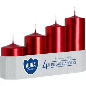 Gyertya szett, MagicHome Aura, 4 db, piros metál, átmérő: 5 cm, magasság: 4,8 / 7 / 9 / 11 cm, henger alakú, lépcsőzetes kialakítás, dekoratív