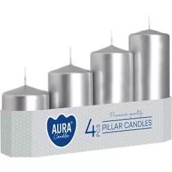   Gyertya szett, MagicHome Aura, 4 db, ezüst metál, átmérő: 5 cm, magasság: 4,8 / 7 / 9 / 11 cm, henger alakú, lépcsőzetes kialakítás, dekoratív