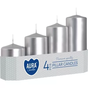 Gyertya szett, MagicHome Aura, 4 db, ezüst metál, átmérő: 5 cm, magasság: 4,8 / 7 / 9 / 11 cm, henger alakú, lépcsőzetes kialakítás, dekoratív