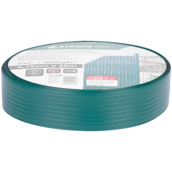 Árnyékoló szalag kerítésre, Strend Pro Garden Eurostandard, 4,75 cm x 35 m, zöld, kerítéspanelhez, UV-álló, 1200 g/m2, 20 db rögzítő klipsszel