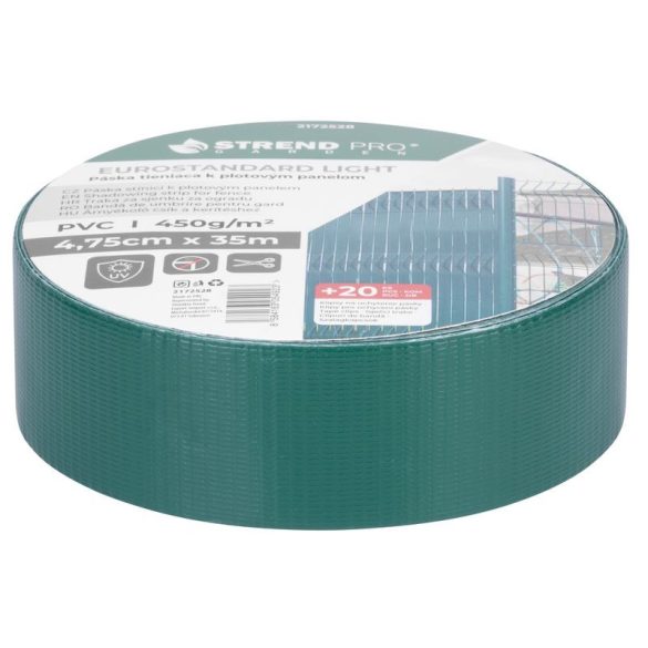 Árnyékoló szalag kerítésre, Strend Pro Garden Eurostandard Light, 4,75 cm x 35 m, zöld, UV-álló, 450 g/m2, kerítéspanelhez, 20 db rögzítő klipsszel