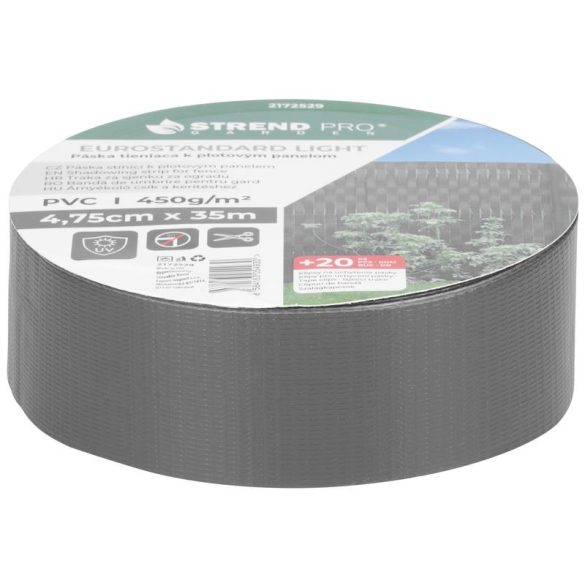 Árnyékoló szalag kerítésre, Strend Pro Garden Eurostandard Light, 4,75 cm x 35 m, antracit, UV-álló, kerítéspanelhez, 20 db rögzítő klipsszel
