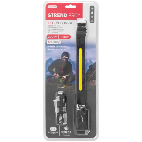 Fejlámpa, Strend Pro Headlight H4034, fekete, 200 lm, 1200 mAh, USB-s töltés, mozgásérzékelős, 4 világítási mód, 20 m hatótáv, LED + XPE, akkumulátoros