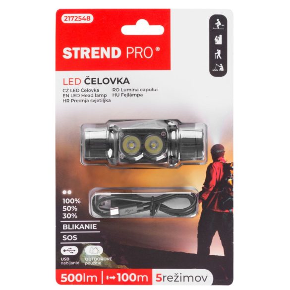 Fejlámpa, Strend Pro Headlight H4016, fekete, 2 x XPG LED, 500 lm, 2000 mAh, USB töltés, vízálló, 5 világítási mód, 100 m hatótáv, akkumulátoros